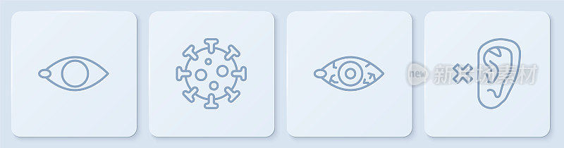 Set line Blindness, Reddish eye, Virus and Deaf. White square button. Vector